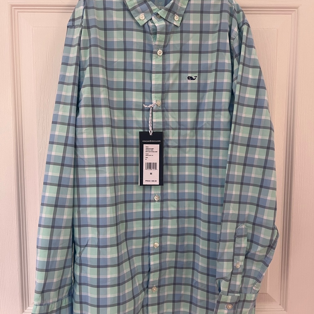 Vineyard Vines Blue and Green Casual Button Down Shirt - BOYS
